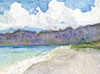 Watercolor of Hawiian beach by Suzanne Nikolaisen.