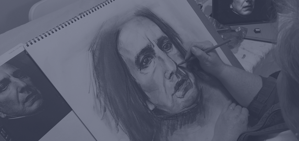 Suzanne working on a charcoal drawing of Severus Snape.